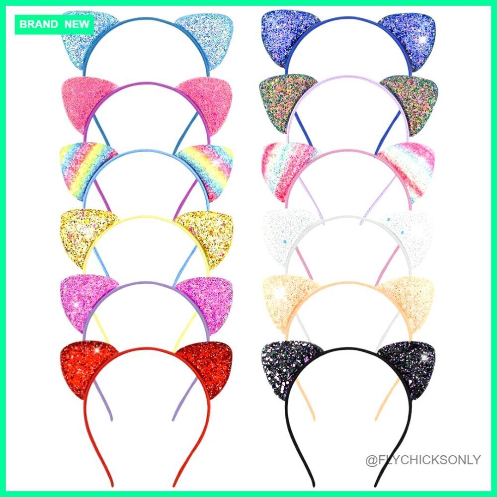 12 Pack Sequin Cat Ears Headbands, Glitter Hair Accessories for Daily Wear and